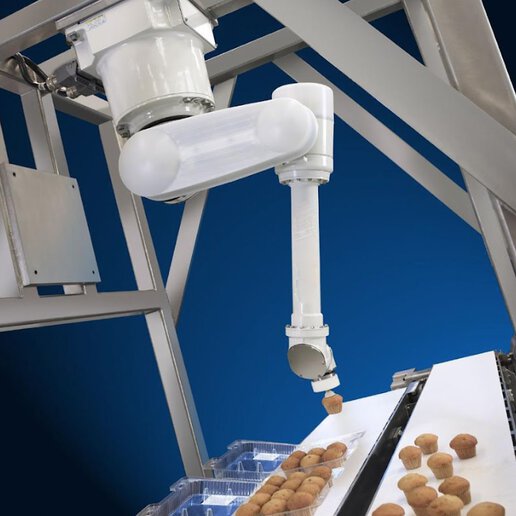 PAR Systems case packing system loading muffins into container on assembly line.