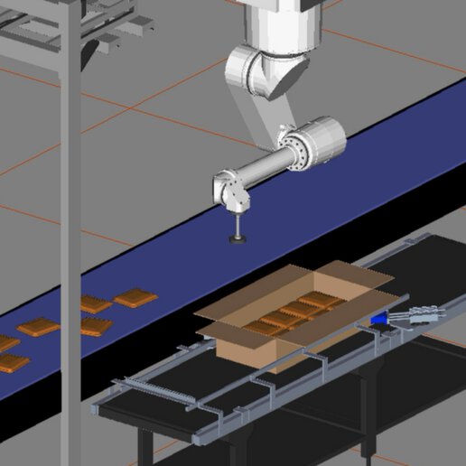 3D rendering of case packing system loading products into box on production line.