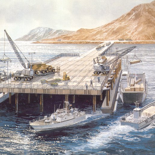 Drawing of a pontoon roadway with trucks and ships.