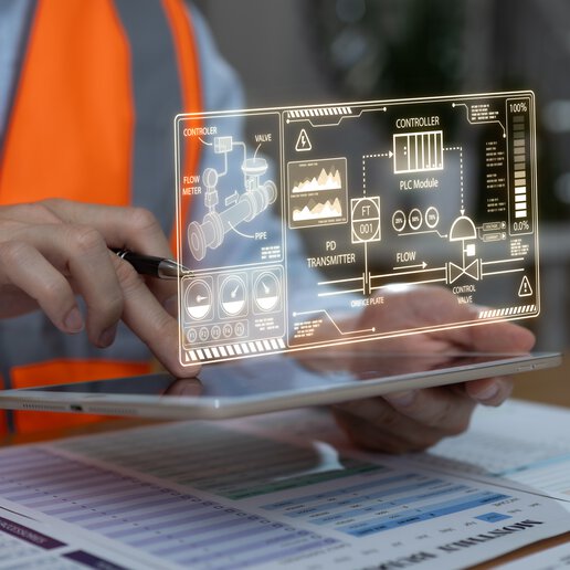 Manufacturing data visualization on tablet in front of a automated manufacturing environment